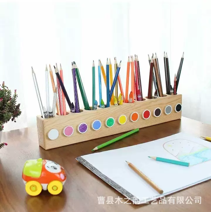 木制办公桌面彩虹笔筒多用斜插式笔架实木多格文具画画笔座储物架