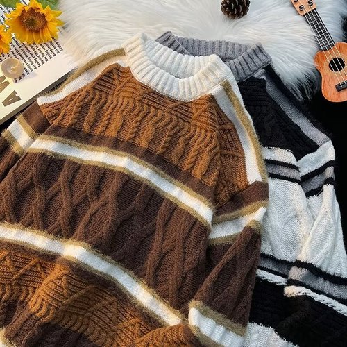 Sweater for Men in Autumn/Winter, Youth Striped Contrast Color Knitwear Jacket, Japanese Trend Brand Retro Lazy Style Woolen Sweater