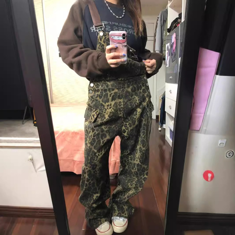 美式复古豹纹背带裤女春季新款宽松直筒街头牛仔阔腿工装裤ins潮|undefined