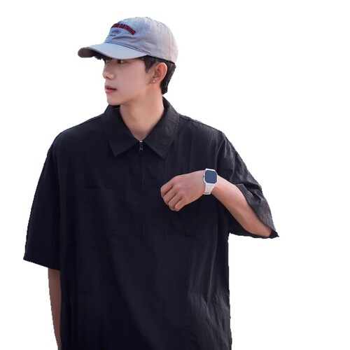 Half-zip short-sleeve shirt for men, summer trendy brand, fashionable punk cool, Japanese workwear half-sleeve casual turnover collar Polo shirt