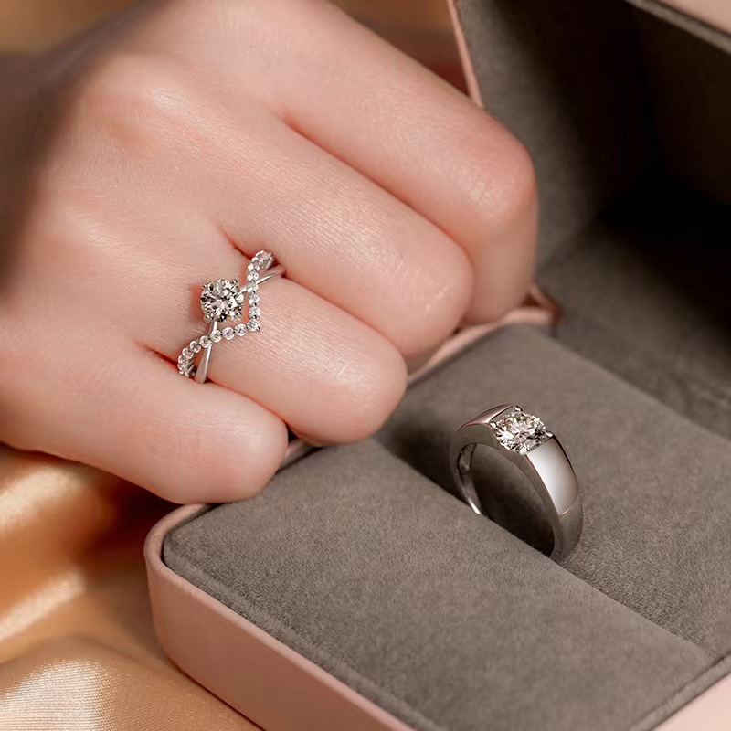 (2개) 시뮬레이션 MOISSANITE 다이아몬드 반지 커플 결혼 반지 시뮬레이션 다이아몬드 제안 결혼식 가짜 반지