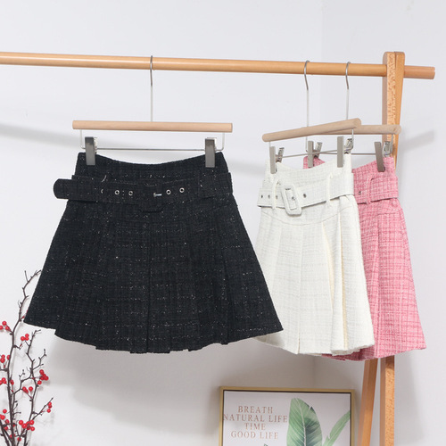  new autumn and winter tweed pleated skirt pink short skirt high waist slim skirt A-line anti-exposure skirt