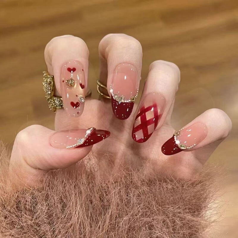 [Scarlet Heart Rhythm] Wearable Manicure Pure Handmade Manicure Autumn and Winter New French Plaid Gilt Cat Eye Classy Whitening