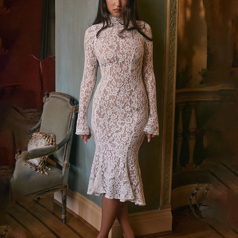 Cross-Border E-Commerce Amazon Women's Elegant Long-Sleeved High-Neck Slim Elegant Lady Lace Mid-Length Skirt Dress