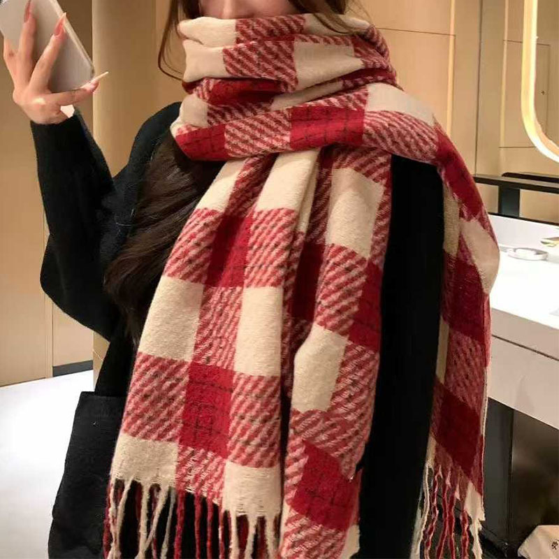 红色格子围巾韩系保暖高级感学生百搭时尚围脖披肩
