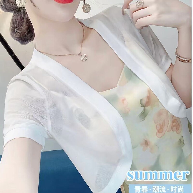 Summer Thin Jacket for Women, New Style Small Cardigan Paired with a Slip Dress, Short-Sleeve Sleeveless Top, Ice Silk Ribbed Small Shawl Summer Thin Jacket for Women, New Style Small Cardigan Paired with a Slip Dress, Short-Sleeve Sleeveless Top, Ice Silk Ribbed Small Shawl
