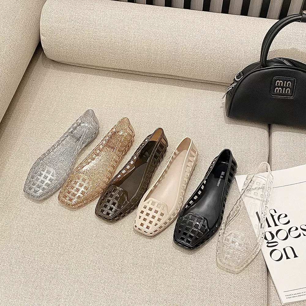 2025 новые женские туфли-желе с квадратным носком, съемные туфли с объемными цветами, модные универсальные сандалии для улицы