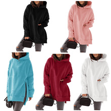欧美外贸跨境新品长袖圆领加绒卫衣纯色口袋宽松连帽长袖卫衣女装
