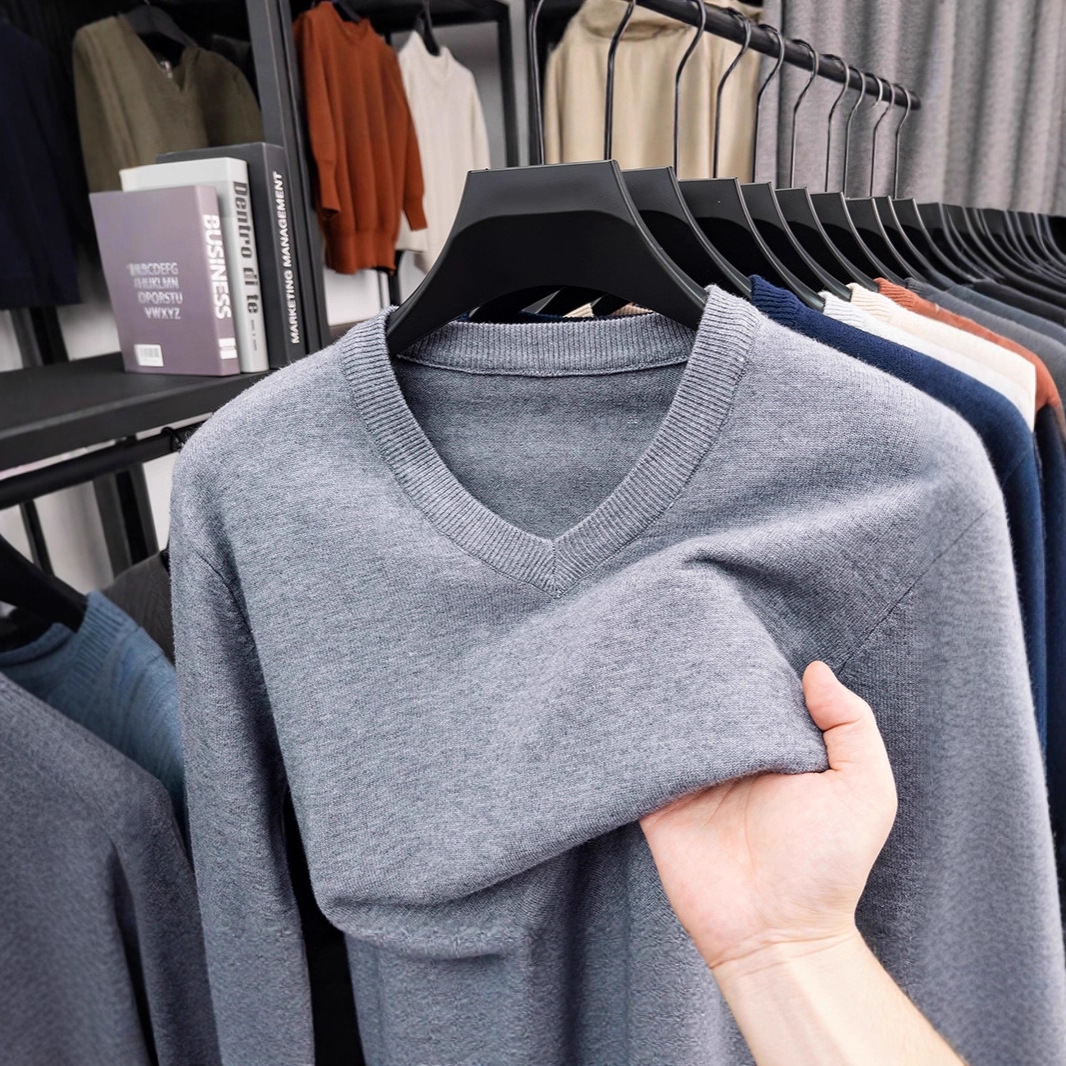 Cross-Border Autumn and Winter New Style Heart-Neck Knitwear for Men, Thickeneded and Warm Pure Color Inner V Neck Knitwear for Men
