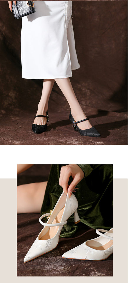 Giày cao gót nữ mũi nhọn gót nhọn 6–8 cm quai ngang chất liệu sợi nhỏ — Màu Kaki, Màu trắng be, Màu đen chi tiết 9