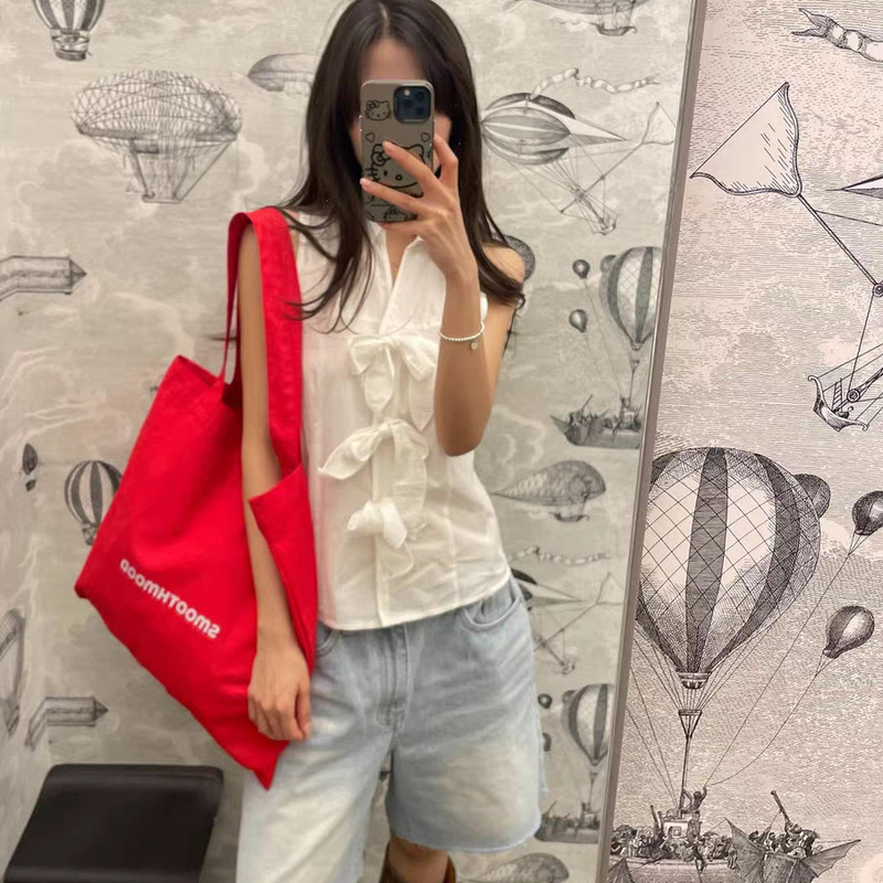 Spot 2025 Summer New Korean Dongdaemun Smooth*Ood Lapel Bow Sleeveless Shirt Vest