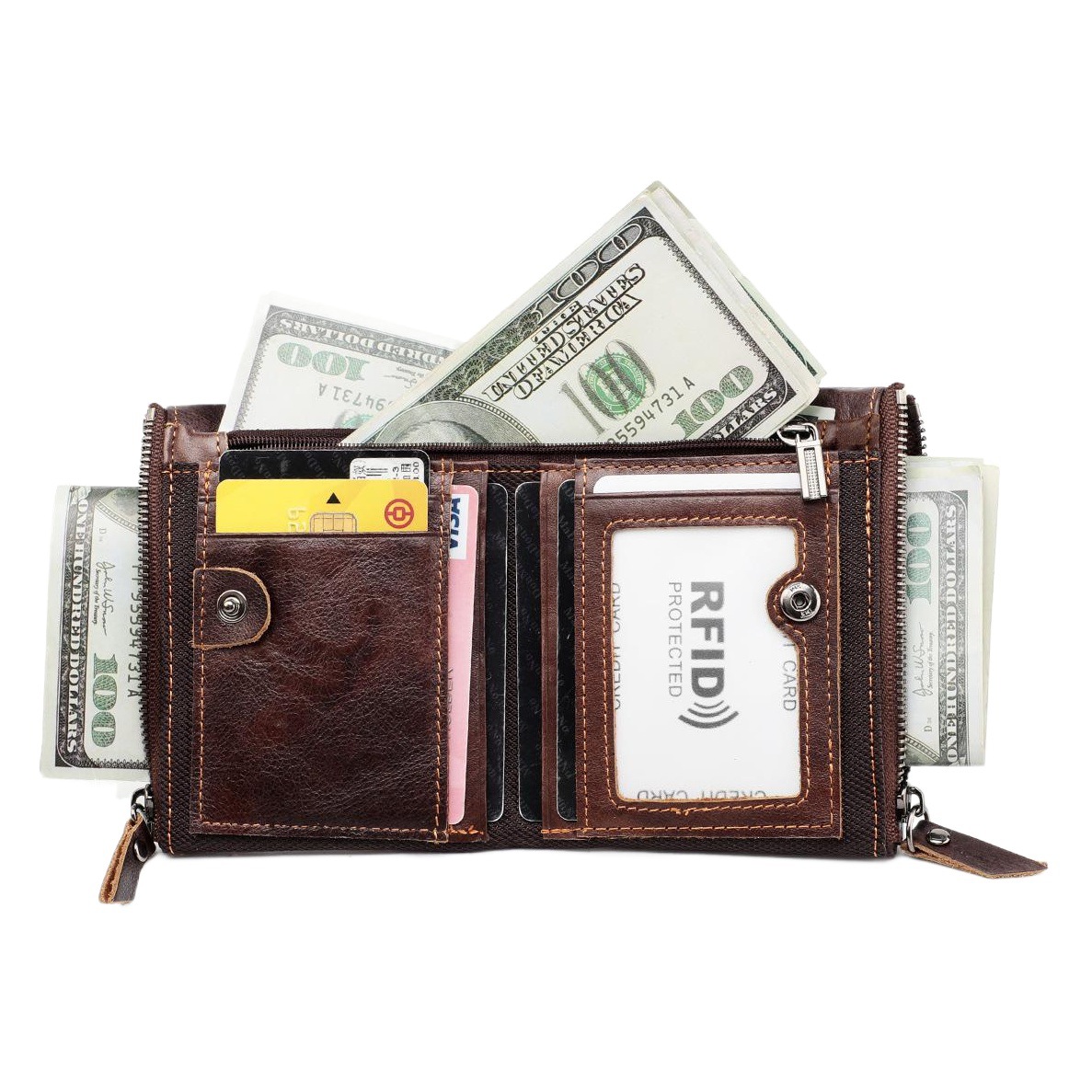 Women's Wallet Short Fashion Clutch Leather Wallet Anti-RFID Double Zipper Coin Bag Multifunctional Wallet