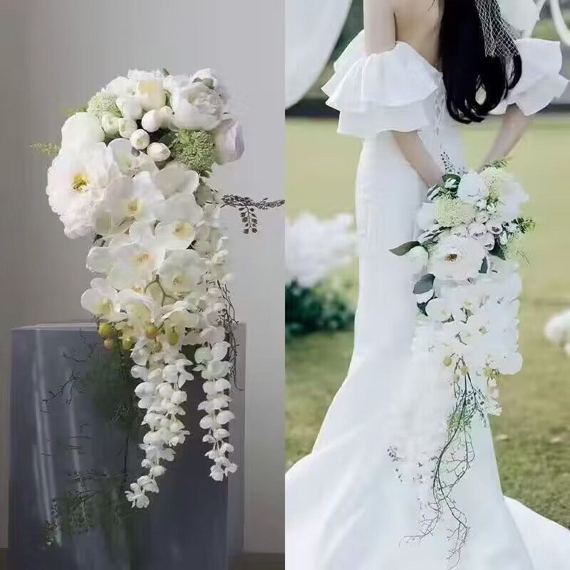手捧花瀑布垂坠感新娘花束 结婚摄影花绿白假花家居台面装饰|undefined
