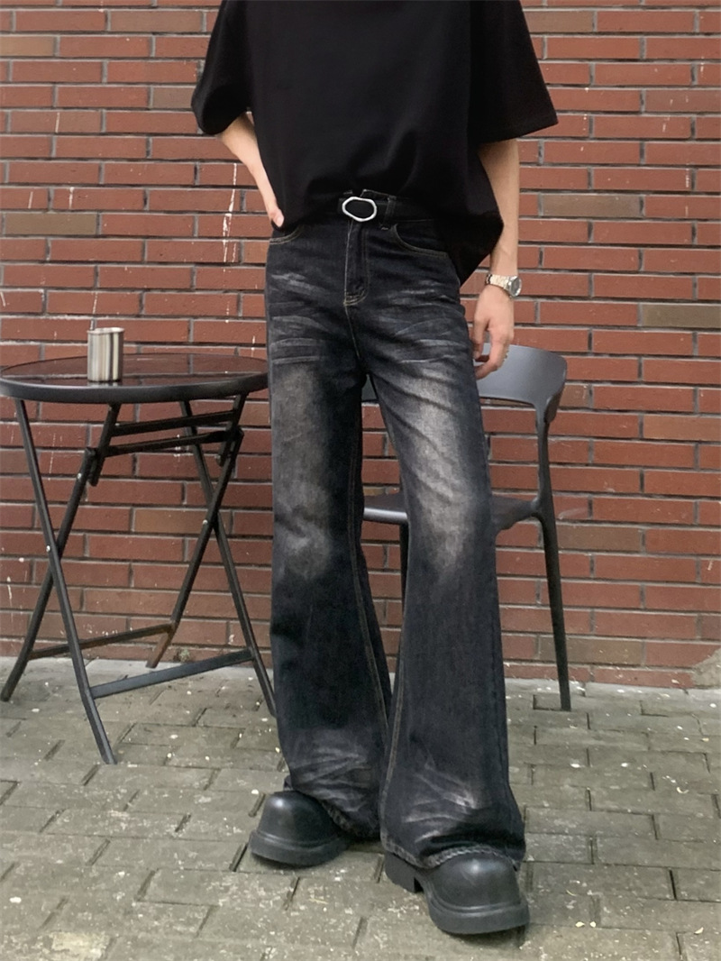 American retro gradiente lavado skinny jeans moda de los hombres de moda tie-teñido cintura alta suelta pierna ancha pantalones largos de moda