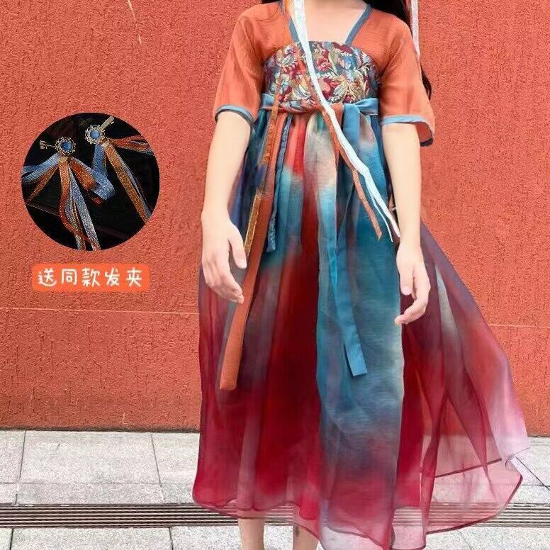 儿童汉服女夏季薄中国风古装舞蹈演出服短袖超仙古风中大童汉服裙