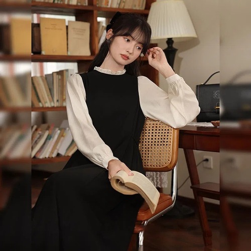 French-style color-blocked two-piece long-sleeve tie-dress mid-length autumn/winter versatile long dress