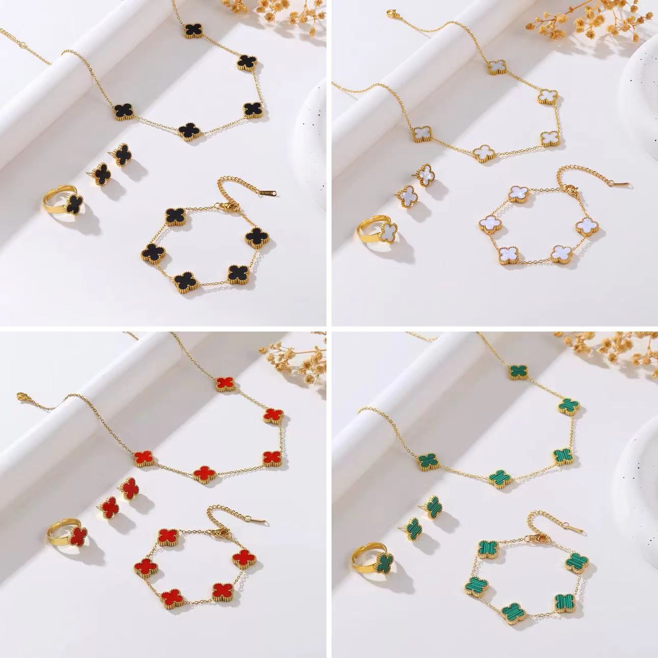 Factory Direct Sales Cross-Border Popular Gold-Plated Stainless Steel Four-Leaf Clover Four-Piece Set Necklace Bracelet Earrings Plant Flower Design