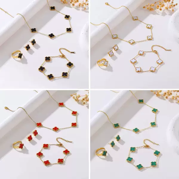 Factory Direct Sales Cross-Border Popular Gold-Plated Stainless Steel Four-Leaf Clover Four-Piece Set Necklace Bracelet Earrings Plant Flower Design