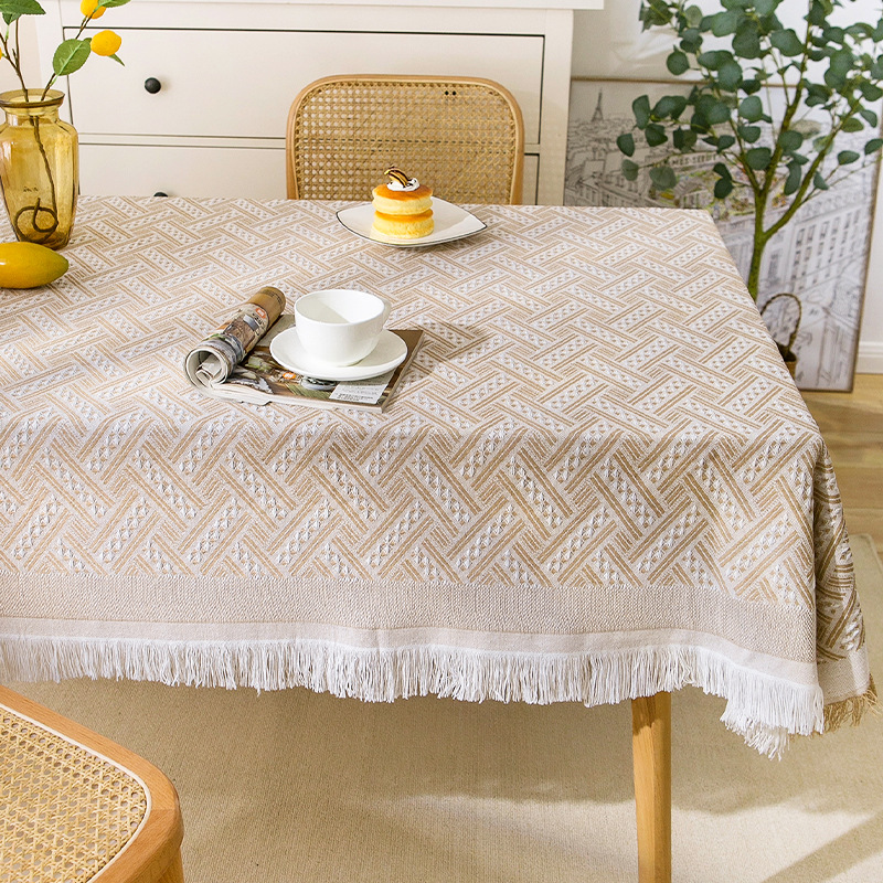 Mantel de gasa de algodón con borlas de estilo crema, mantel a prueba de polvo con atmósfera fotográfica, cubierta decorativa rectangular para mesa de centro antideslizante