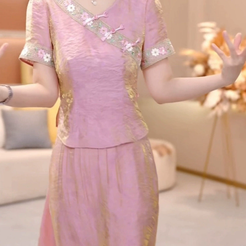 Элитная юбка-чонсам из жаккардового атласа с эффектом ледяного шелка в новом китайском стиле, комплект из топа и юбки, новинка лета 2025 года.