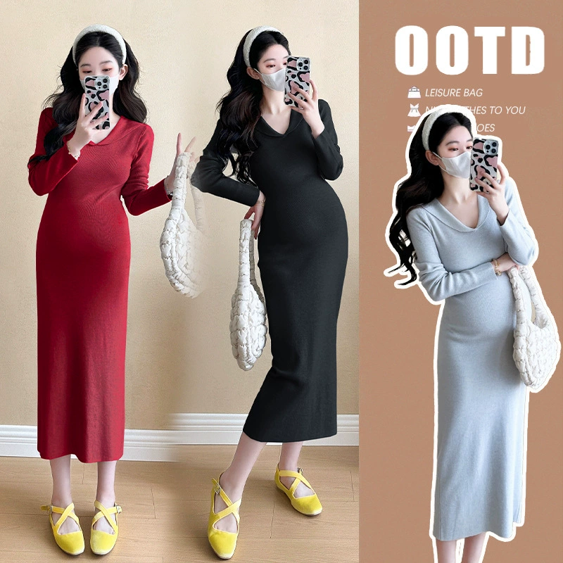 Интернет красный модный темперамент корейские тонкие платья материнства новые длинные сплошные модные осенние платья материнства