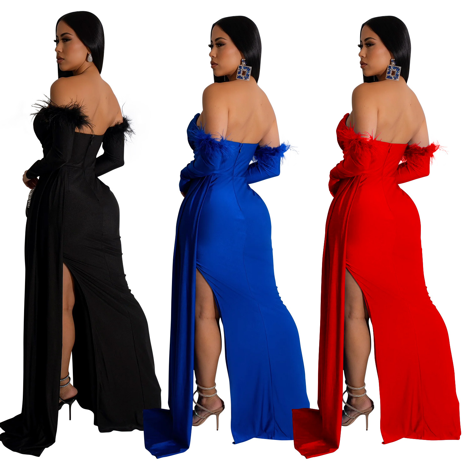 C6797 transfronterizo AliExpress Amazon europeo y americano moda mujer de color sólido plisado vestido de hendidura sin espalda