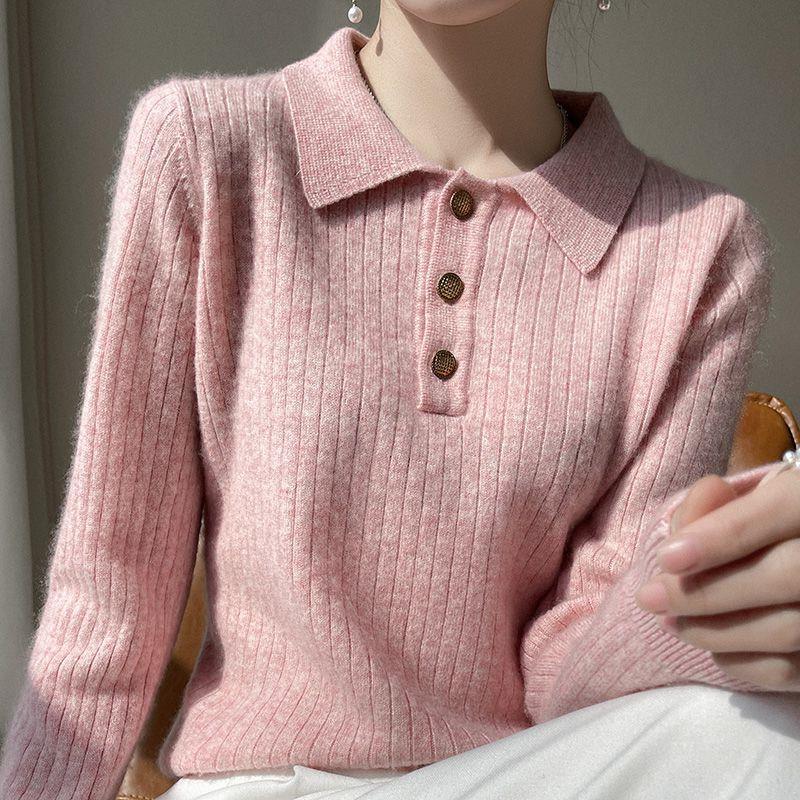 【 Cashmere Family】 Maglione corto in lana con collo polo, stile femminile, con strato interno lavorato a maglia, autunno/inverno_voghion.com