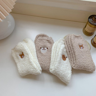 Coral velvet socks women's autumn and winter velvet padded warm tube socks Japanese bear embroidery sleep plush socks