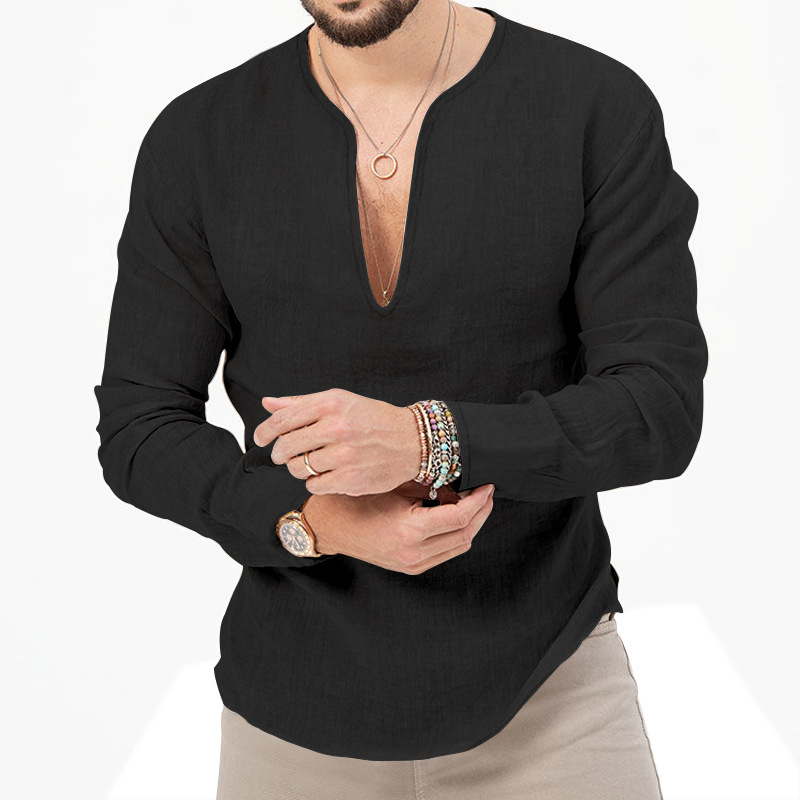T-shirt homme casual coton lin col en v coupe oversized_voghion.com