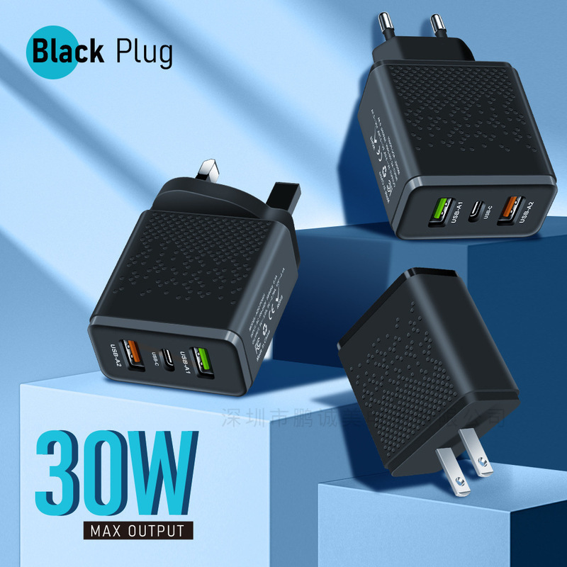 1Pd+2Usb Mobile Phone 30W Charger European, American and British Standard Fast Charging Charging Head 2Type-C Interface Mobile Phone Adapter