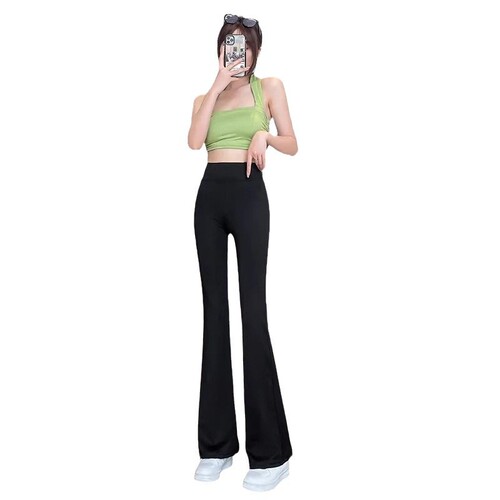 Black Micro Trumpet Shark Women's Outerwear High-Waist Spring and Autumn Thin Tight Sheer Floor-Length Wide Leg Pants