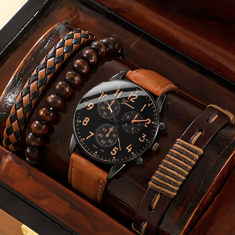 Men's fake three-eye business fashion belt quartz watch plus woven bracelet 4 pcs/set men's watch