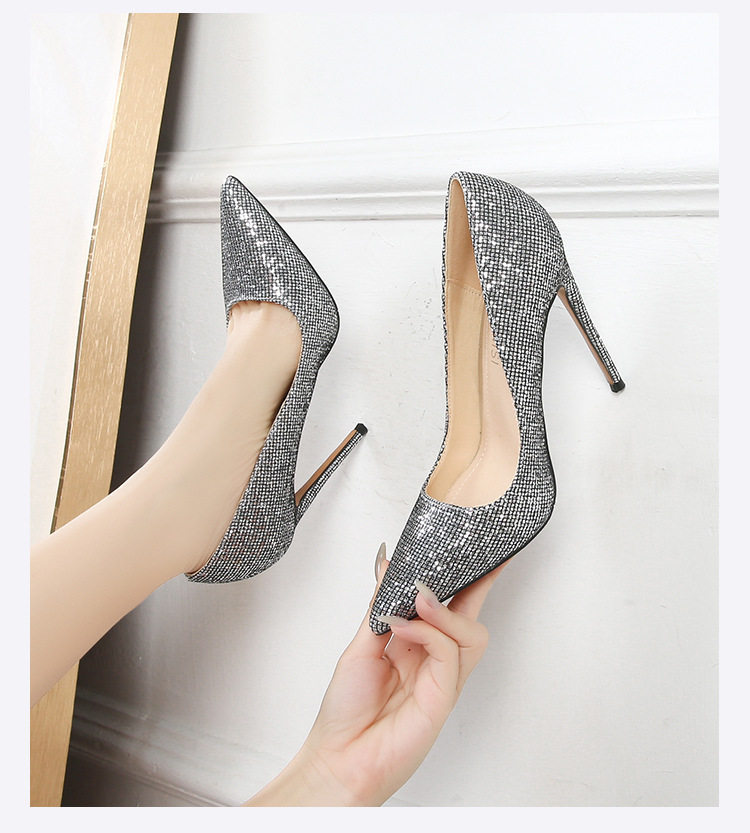 Giày cao gót nữ mũi nhọn gót siêu cao phủ sequins lấp lánh phong cách Âu Mỹ — Màu bạc, Màu sắc, Màu vàng, Màu đỏ chi tiết 12
