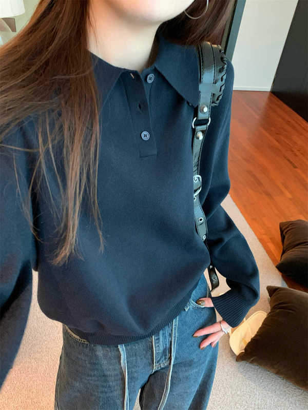 韩系polo领松弛感针织毛衣女2025春季简约慵懒打底衫宽松内搭上衣|undefined