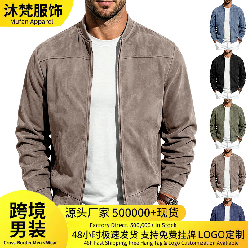 Cross-border Amazon Spring and Autumn Men's Suede Jacket Casual Baseball Collar Zipper Cardigan Vintage Flight Jacket