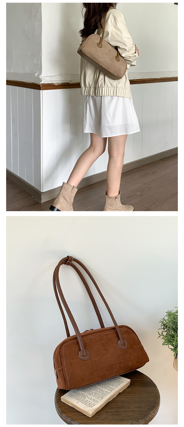 Autumn suede stick with simple leather splicing design, underarm bag, women's plush fashionable versatile shoulder bag_voghion.com