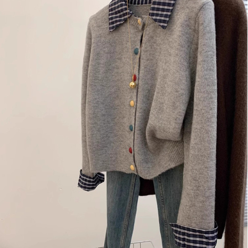 Gray faux two-piece shirt with knitted patchwork, short top for petite women, unique design cardigan sweater jacket for women Gray faux two-piece shirt with knitted patchwork, short top for petite women, unique design cardigan sweater jacket for women