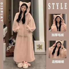 网红新款粉色猫咪珊瑚绒睡衣女冬季连帽长款睡袍美少女宿舍家居服