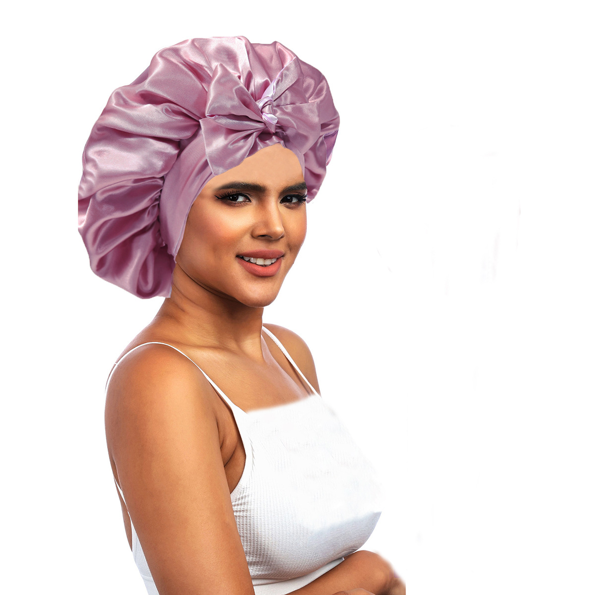 Ladies solid color georgette single-layer contrasting elastic band sleep hat beauty makeup hat turban hat elastic wide brim bath cap