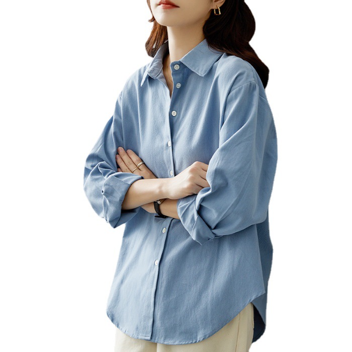 공식 인물 [완전한 면 3 표준] 순수한면 단색 셔츠 여성용 캐주얼 셔츠 코트 직장 대학 스타일