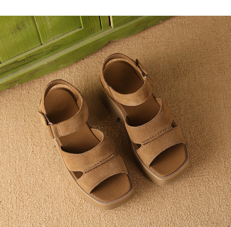 Sandal cao gót nữ hở mũi đế xuồng platform, quai dán tiện lợi, gót 9 cm — màu nâu chi tiết 11