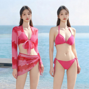 2025 nuevo traje de baño de mujer tie-dye puro deseo bikini dividido de cuatro piezas de manga larga protector solar traje de baño de alta calidad