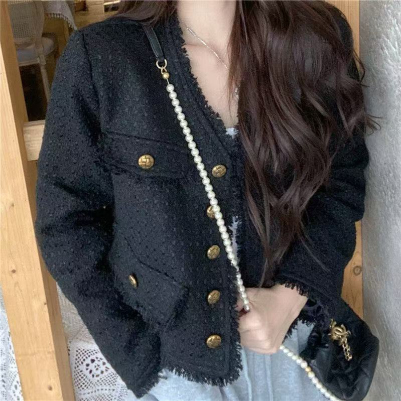 Trendy Black Tweed Jacket 2025 Spring and Autumn Long-Sleeve Tassel Socialite Style Loose Cardigan Short Jacket