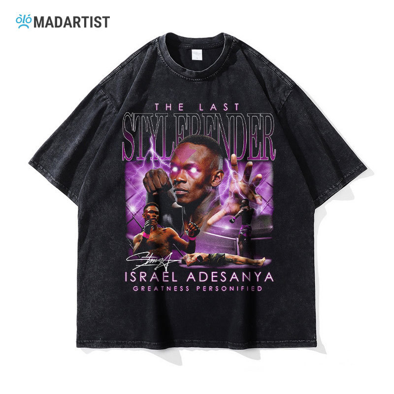 Madartist Adesanya T-Shirt Ufc Champion Israel Adesanya Washed Distressed Cotton Short Sleeves