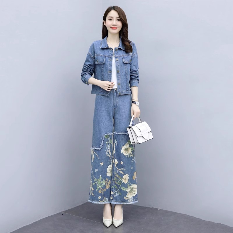 春秋装休闲职业时尚套装2025年新款女装洋气显瘦牛仔阔腿裤两件套|undefined