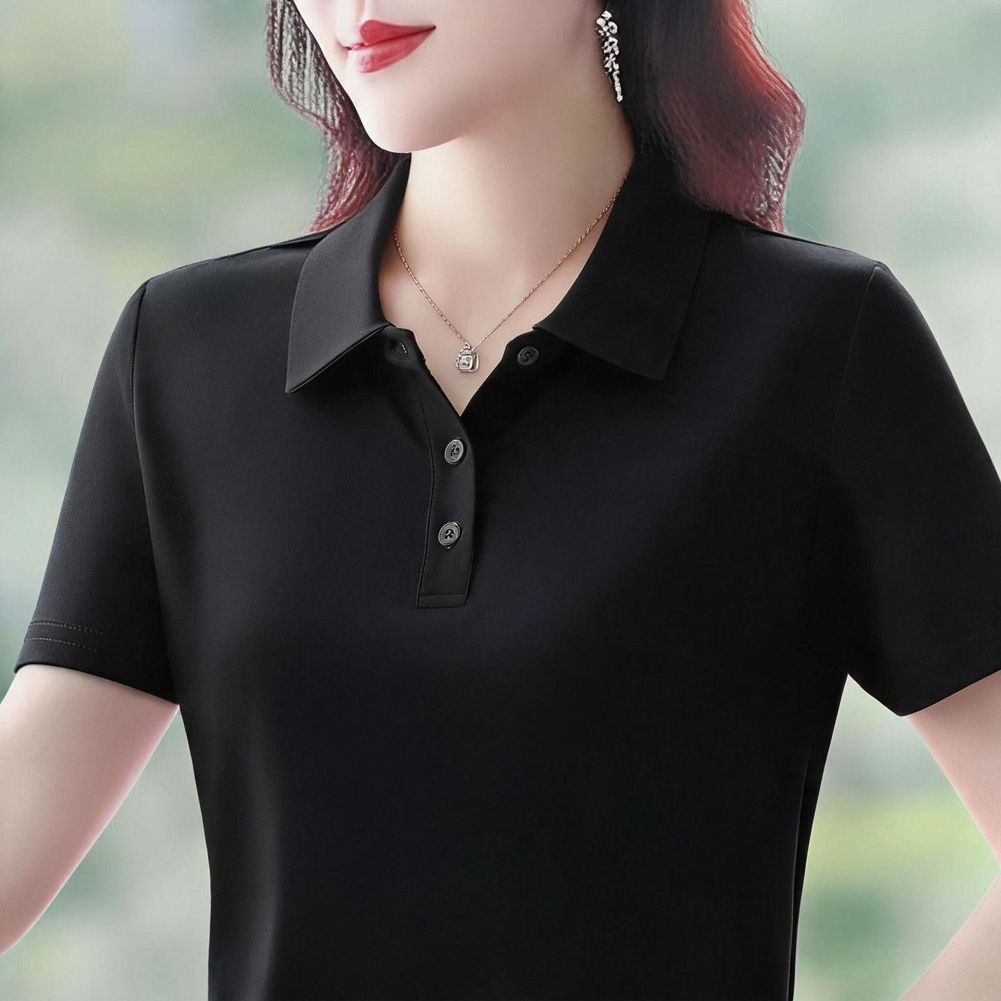 Hot-selling collared short-sleeved casual T-shirt, high-end summer style, fashionable pure cotton solid color top for mothers.