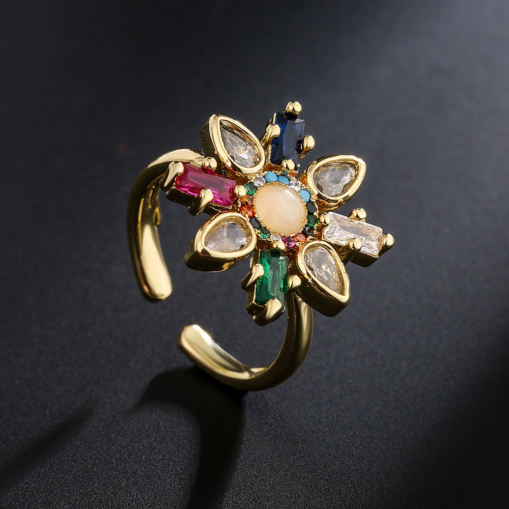 fashion geometric copper 18K gold micro-inlaid zircon flower open ring