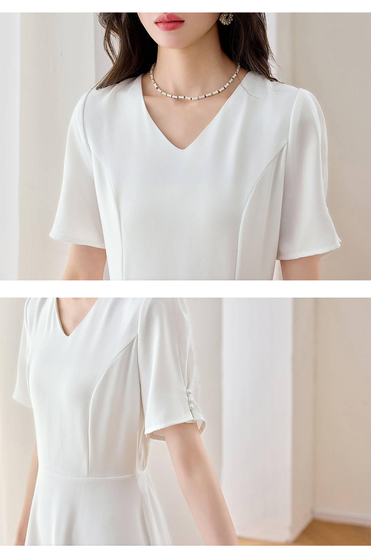 Đầm maxi nữ thắt eo cổ V dáng dài phối màu trơn — màu xanh đậm, màu tím, màu trắng chi tiết 33