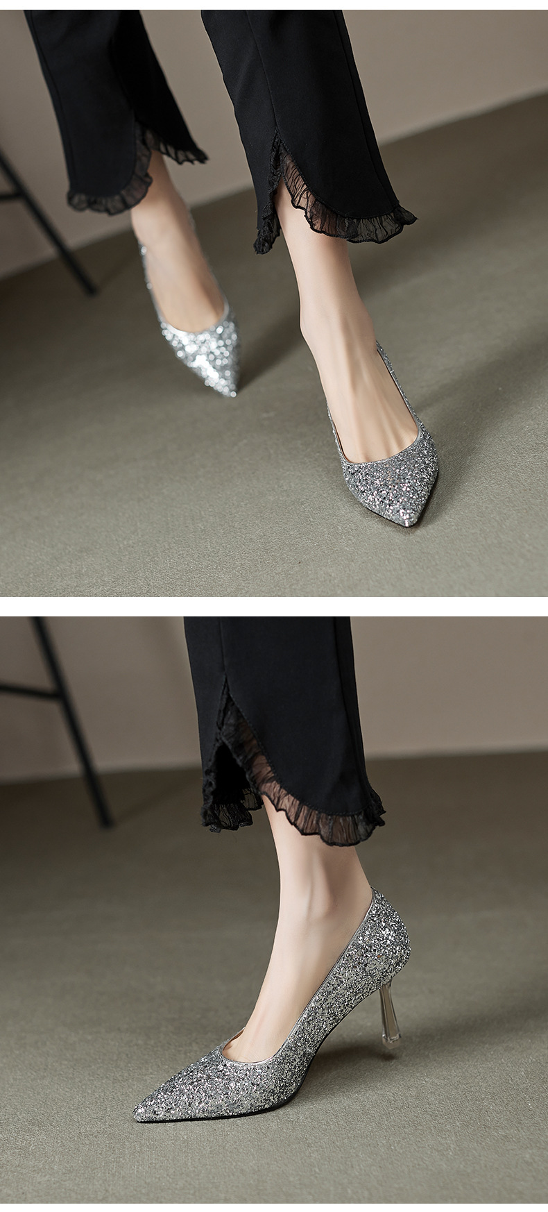 Giày cao gót nữ mũi nhọn đính sequin gót pha lê bạc — Màu bạc chi tiết 4