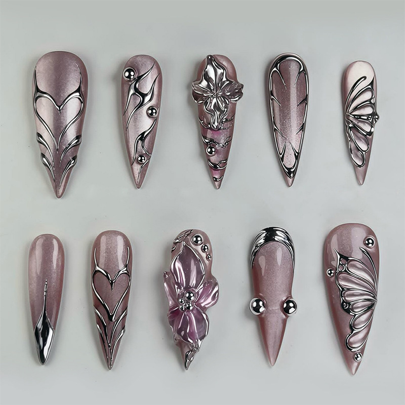 New Cat Eye 3D Wearable Nails 30 Pieces Long Pointed Cat Eye Silver Cool Manicure Patches Pure Lust Fake Nails